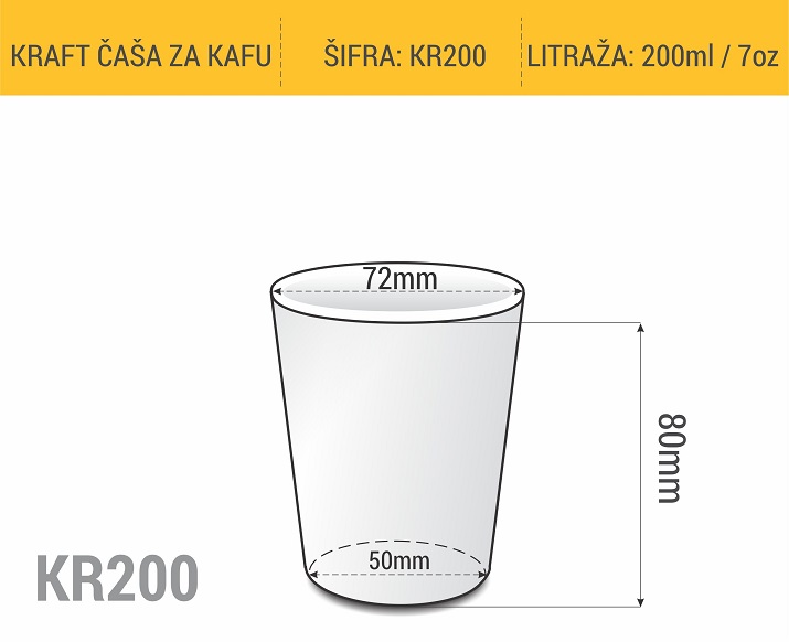 Dimenzije kraft papirne čaše za kafu za poneti 200ml 